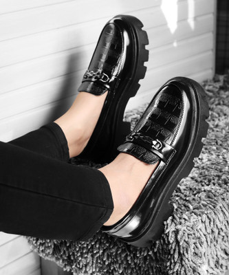 BXXY Men's New Stylish Synthetic Black Casual Loafers And Moccasion Buckle Shoes Loafers For Men(Black , 6)