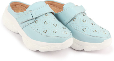 FAUSTO Laser Cut Floral Design Hook and Loop Back Open Slip On Shoes Loafers For Women(Blue , 3)