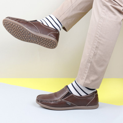 FAUSTO Side Stitched Casual Comfort Slip On Shoes Loafers For Men(Brown , 9)
