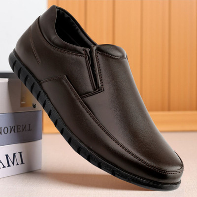 Zixer official Leather Formal shoes for men without lace Up Formal party shoes Boys Derby For Men(Brown , 6)