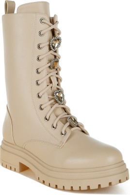 London Rag Rhinestone jewelled Chunky Boots Boots For Women(Beige , 5)