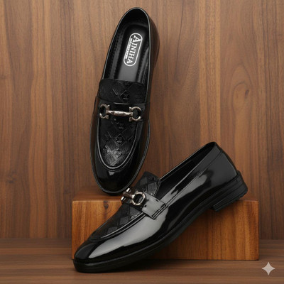 AJNIHA Premium Oxford Class Designer Patent Leatherette Shining Jet Black Lace-Up Party Loafers For Men(Black , 7)