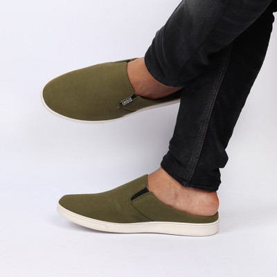 FAUSTO Casual Back Open Canvas Stylish Slip On Shoes Loafers For Men(Olive , 12)