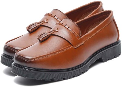 MUTAQINOTI Men's Tan Vegan Leather Shoe Gothic Platform Moccasin Loafers For Men(Tan)