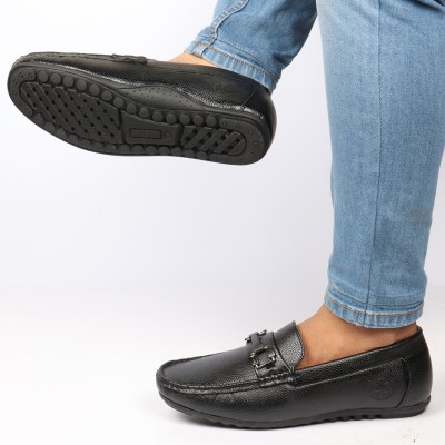 FAUSTO Textured Design Horsebit Buckle Casual Classic Slip On Moccasins and Mojaris For Men(Black)