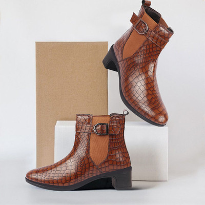 FAUSTO Flared Heel High Ankle Leopard Print Embossed Winter Buckle Strap Chelsea Boots For Women(Tan , 3)