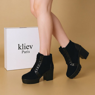 Kliev Paris Women's Ankle Length Block Heel Black Stylish and Fashionable Velvet Boots | Boots For Women(Black , 5)