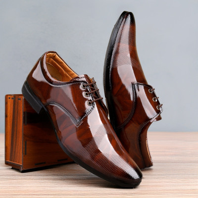 Lavish Premium Oxford Class Designer Patent Leatherette Shining Jet Black Lace-Up Party Lace Up For Men(Brown , 9)