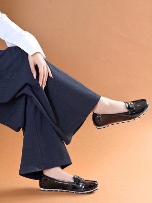 SHOETOPIA Patent Penny Loafers with Gold-Tone Buckle|Classic Trendy Loafers For Girls Loafers For Women(Black , 5)