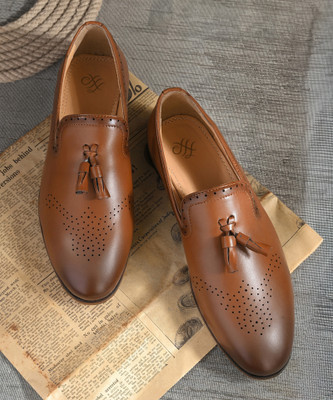 House of Pataudi Men tan formal tasseled solid semi casual formal slip on moccasins loafers shoes For Men(Tan , 8)