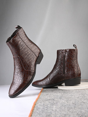 Roadster Men's Stylish Brown Croc-Embossed Chelsea Boots | Slip-On & Comfortable Boots For Men(Brown , 9)