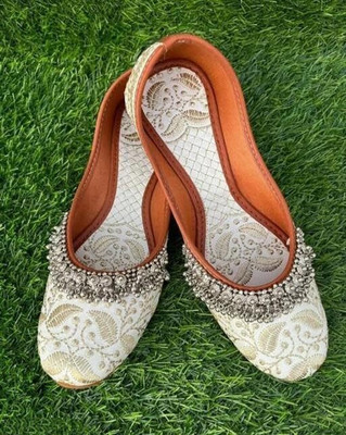 S.K.Craft Handmade Beautiful Rajasthani Embroidered PVC Sole Synthetic Printed Mojari Jutis For Women(White , 6)