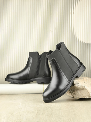 Roadster Stylish Textured Ankle Length Versatile Boots For Women(Black , 4)