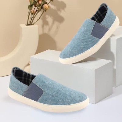 FAUSTO Colorblocked Denim/Canvas Slip On Casual Shoes Loafers For Men(Blue , 9)