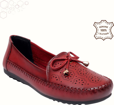 Zoom Shoes Genuine Leather Slip-On Stylish Lightweight Round Toe Flats for All-Day Comfort Loafers For Women(Red , 7)