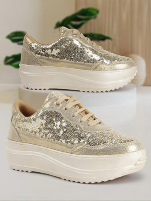 VENDOZ GLITTERY WEDDING AND PARTY WEAR Sneakers For Women(Gold , 8)