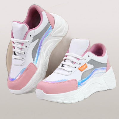 DARTKICK Stylish Women's Chunky Sneakers | Pink & White Colorblock Casuals For Women(White , 8)
