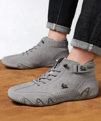 Zixer Premium Italian Heritage Suede Velcro Leather Casual Sneakers for Men's High Top Outdoors For Men(Grey , 7)