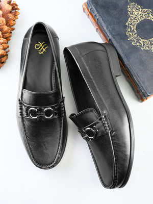 House of Pataudi black semi partywear comfortable heel slip on moccasins horsebit penny loafers Loafers For Men(Black , 9)