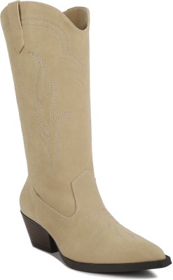 London Rag Beige Ginni Embroidered Calf Boots Boots For Women(Beige)