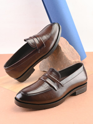 HERE&NOW Men brown solid leatherette formal slip on durable moccasins loafers shoes Slip On For Men(Brown , 8)