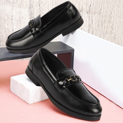 FAUSTO Wedding Party Genuine Leather Buckle Slip On Shoes Loafers For Men(Black)