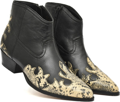 PILLAA Women’s Western Ankle Boots | Flame Print Leather Block Heel Boots Casuals For Women(Black , 3)