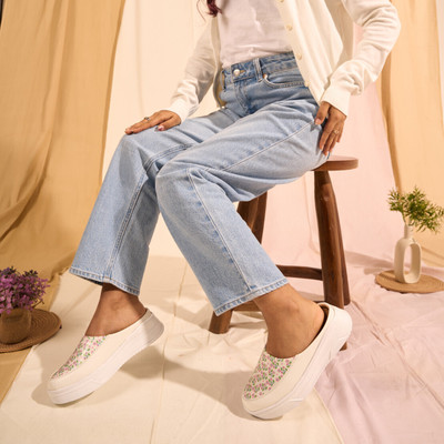 FAUSTO Stiched Floral Print Back Open Height Enhancer Flatform Heel Casual Sneakers For Women(White , 6)