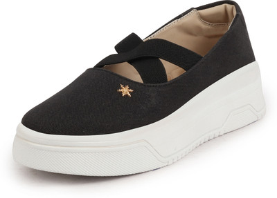 FAUSTO Elastic Closure Cross Strap Denim Slip On Height Enhancer Shoes Bellies For Women(Black , 7)