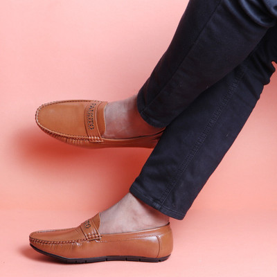 FAUSTO Laser Cut Logo Design Slip On Mocassin Shoes and Loafers For Men(Tan , 7)