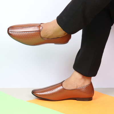 FAUSTO Embossed Design Ethnic Slip On Juttis and Mojaris For Men(Tan , 9)