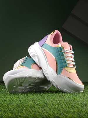 Roadster Lifestyle|Lightweight |Chunky | Walking |Running |Colourblocked Casual Lace Up Sneakers For Women(Pink , 5)