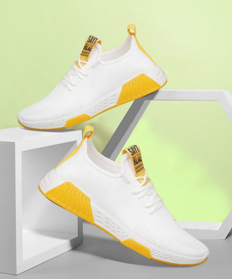 RapidBox Breathable | Knitted | Lace up Sneakers For Men(White, Yellow , 7)