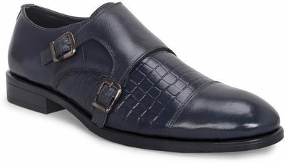 MATR LIFESTYLE MATR Strap Me Down Men's Navy Blue Croc-Embossed Double Monk Strap Leather Shoes Monk Strap For Men(Blue , 9)