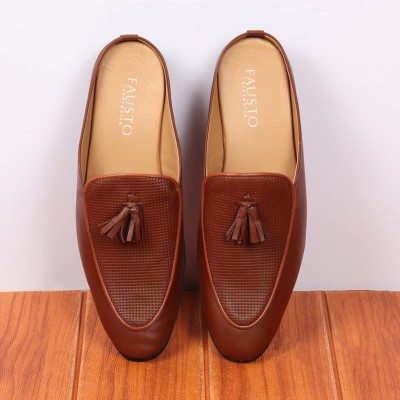 FAUSTO Back Open Leather Party Formal Comfortable Outdoor Slip On Shoes Tassel Mojaris For Men(Tan)