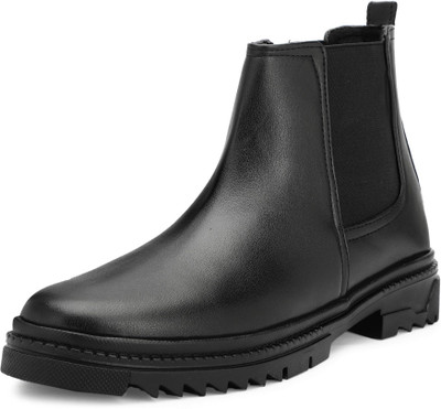 PATASHA Men’s Premium Black Leather Chelsea Boots with Rugged Sole Boots For Men(Black , 10)