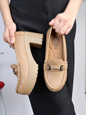 SHOETOPIA Chunky Platform Loafers|Block Heel Dress Shoes with Metallic Accent For Girls Loafers For Women(Beige , 4)