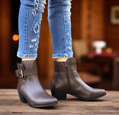 Elegantoe Women's Brown Genuine Leather Ankle Boots Side Buckle Strap & Low Block Heel Boots For Women(Brown , 7)