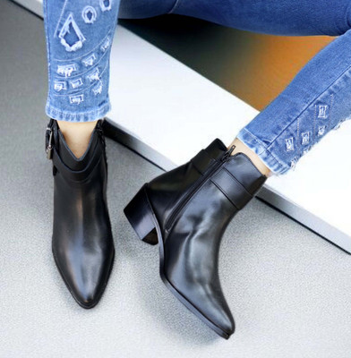 Elegantoe Women's Black Genuine Leather Ankle Boots Side Buckle Strap & Low Block Heel Boots For Women(Black , 5)