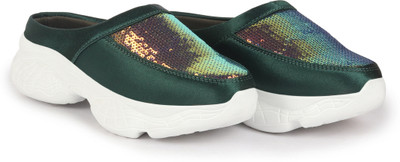 FAUSTO Evening Walking Fashion Stylish Comfort Back Open Embellished Mules Sneakers For Women(Green , 3)
