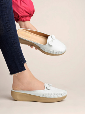 SHOETOPIA Stylish Comfortable Upper Bow Detailed White Slip-On Loafers For Girls Loafers For Women(White , 3)