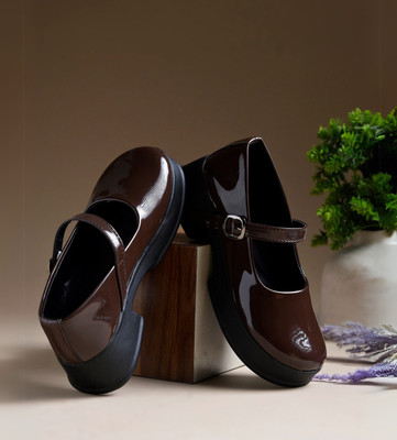 jm looks Classic Charm Mary Jane Shoes – Glossy Patent Flats with Buckle Strap Canvas Shoes For Women(Brown , 7)