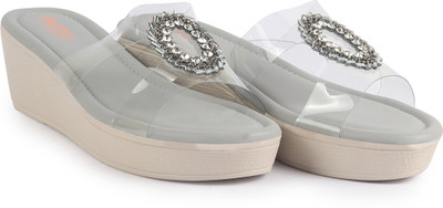 FAUSTO Open Toe Transparent Strap with Ring Buckle Height Enhancer Slip On Wedges For Women(Grey , 4)