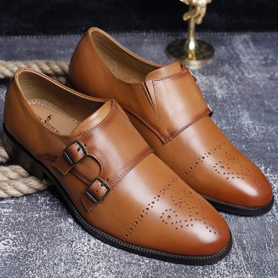 LOUIS STITCH Tan Italian Leather Double Monk Strap Formal Slip On Shoes for Men (EUDMTN) Monk Strap For Men(Tan)