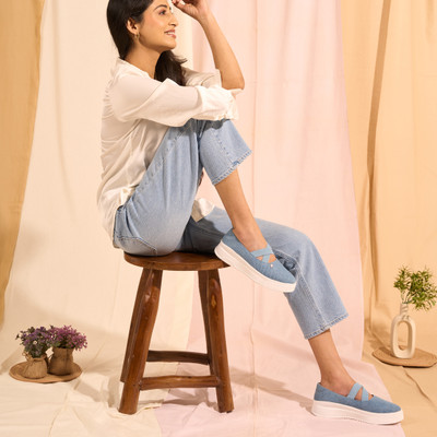 FAUSTO Elastic Closure Cross Strap Denim Slip On Height Enhancer Shoes Bellies For Women(Blue , 5)