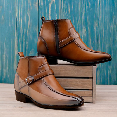 BXXY Men's 3.5 Inch Hidden Height Increasing Tan Casual Buckle Formal Ankle Boot Slip On For Men(Tan , 7)