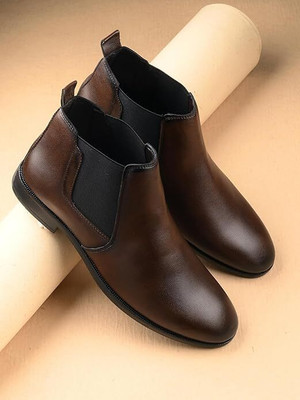 leacom Boys And Men Casual Comfortable Chelsea Slip-On Outdoor Synthetic Leather Boots For Men(Brown , 10)