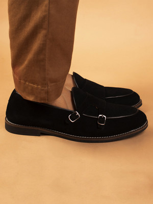 BIG FOX Leather Double Monk Strap Loafers For Men(Black , 9)