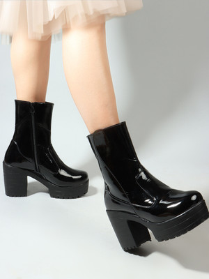 KILLER Bold and Breezy Black Patent Leather Ankle Length Heeled Boots for Women & Girls Boots For Women(Black , 8)