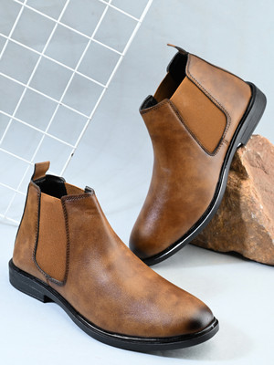 KILLER Men tan solid textured leatherette round toe slip on casual high top chelsea bo Boots For Men(Tan , 8)